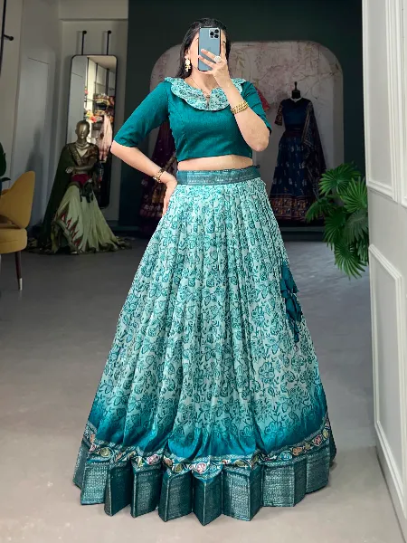 Teal Ready to Wear Lehenga Choli in Dola Silk With Floral Print and Border