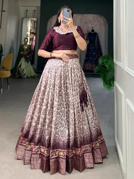 Wine Ready to Wear Lehenga Choli in Dola Silk With Floral Print and Border