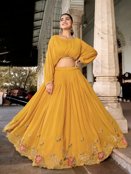 Yellow Lehenga Choli in Georgette With Sequins and Embroidery Ready to Wear