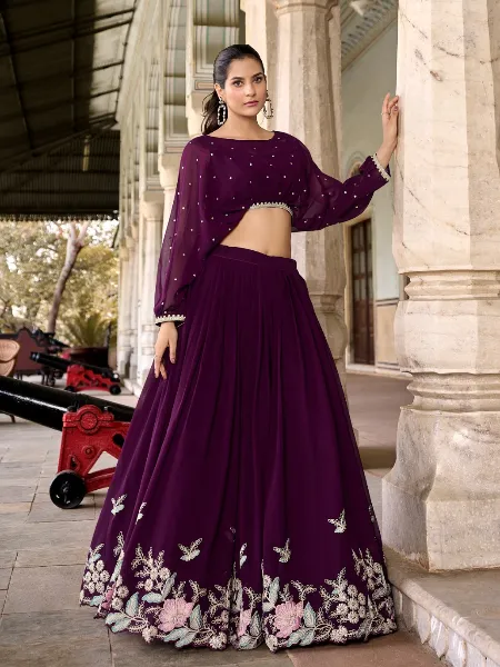 Wine Lehenga Choli in Georgette With Sequins and Embroidery Ready to Wear