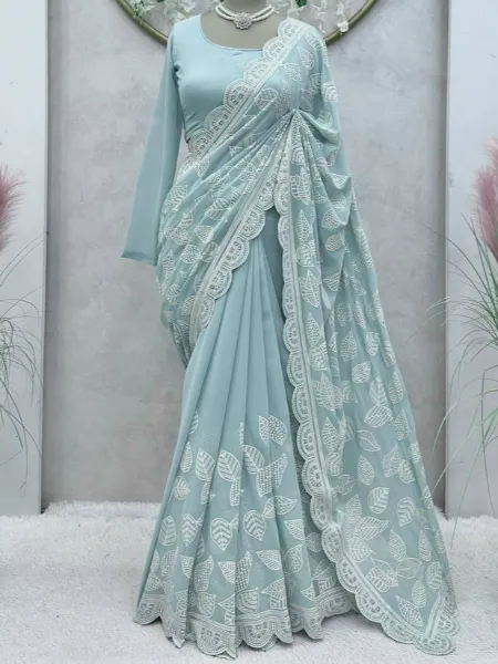 Sky Blue Saree in Georgette With Thread and Sequence Embroidery With Blouse