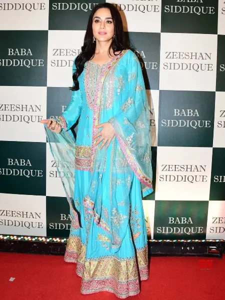 Preity Zinta Dress in Sky Chinon With Embroidery Work Bollywood Suit