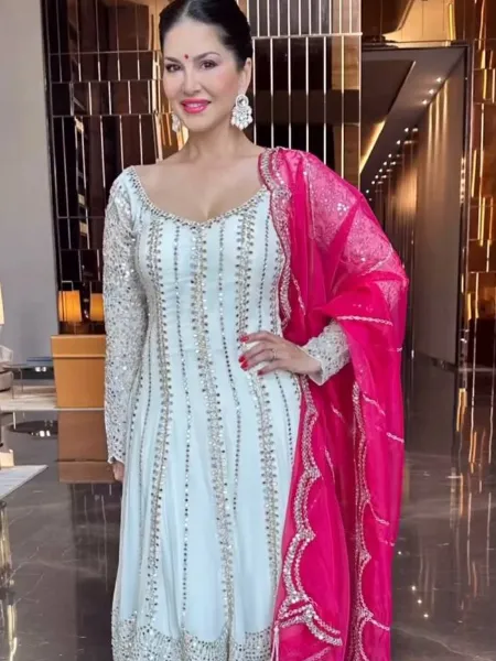 Sunny Leone Anarkali in White Georgette With Sequence Embroidery and Dupatta