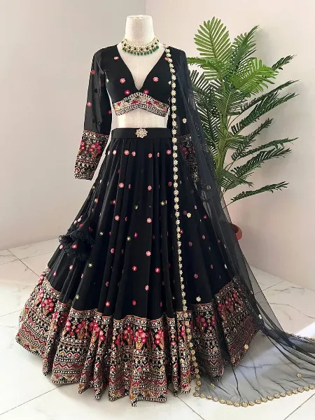 Black Wedding Lehenga Choli With Heavy Thread and Sequins Embroidery Work