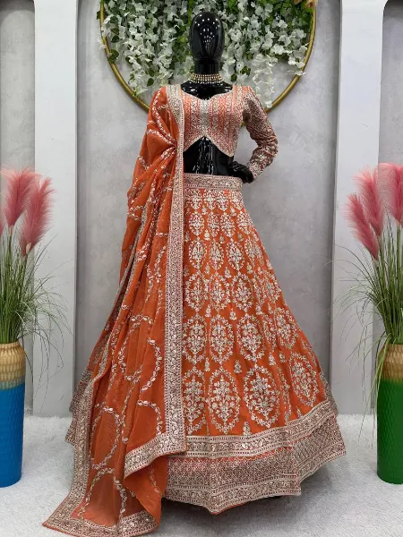 Orange Wedding Lehenga Choli With Heavy Cording and Sequins Embroidery Work