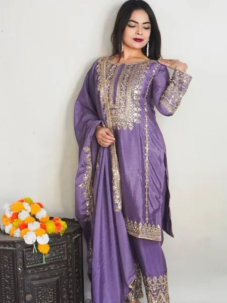 Lavender Salwar Kameez in Pure Chinon With Sequence Embroidery Work Indian Suit
