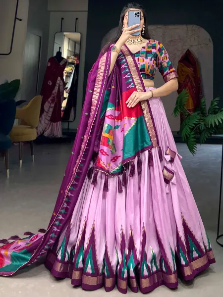 Tussar Silk Lehenga Choli in Light Pink With Kalamkari Print and Foil With Dupatta