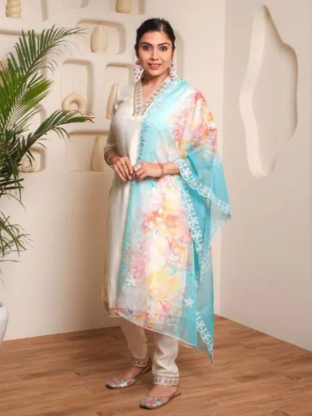 Off White Pure Chanderi Kurti Pent and Dupatta With Embroidery and Print