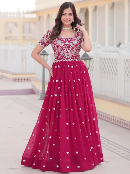 Pink Color Gown in Georgette With Sequence Embroidery Work Indian Gown