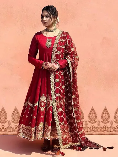 Reception Gown in Red With Heavy Sequence Embroidery in Georgette With Dupatta