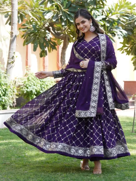 Purple Sequence Gown With Dupatta in Georgette With Sequins Embroidery Work