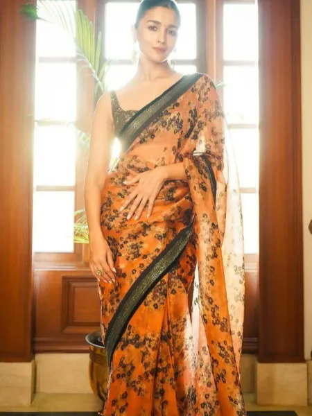 Alia Bhatt Saree in Organza Silk With Floral Print and Lace Border