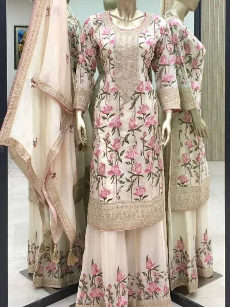 Peach Top Palazzo Suit With Sequence Embroidery in Georgette With Dupatta