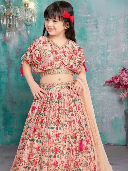 Peach Color Girls Lehenga Choli With Fancy Design With Embroidery and Print
