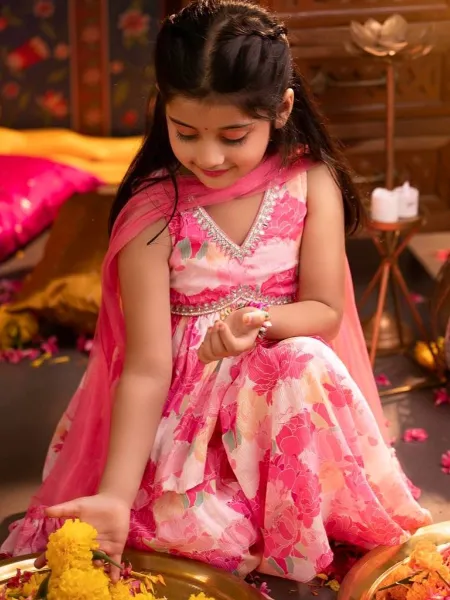 Pink Kids Top and Sharara With Dupatta in Georgette With Print and Embroidery