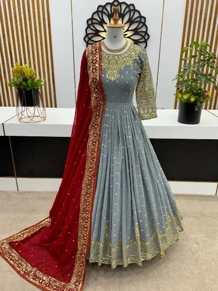 Grey Reception Gown With Heavy Sequence Embroidery in Georgette With Dupatta