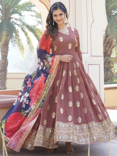 Brown Party Wear Gown in Georgette With Sequence Embroidery and Dupatta
