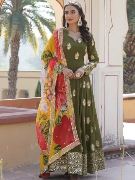 Mehendi Party Wear Gown in Georgette With Sequence Embroidery and Dupatta