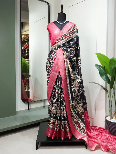Black Dola Silk Saree With Print and Zari Weaving Border With Blouse