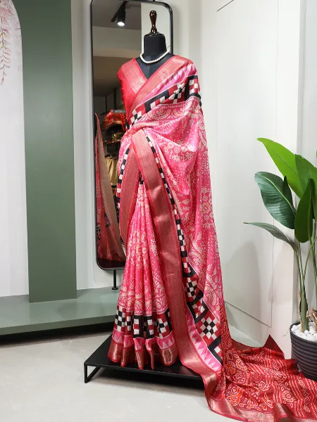 Baby Pink Dola Silk Saree With Print and Zari Weaving Border With Blouse