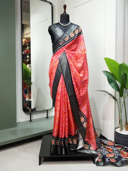 Multi Color Dola Silk Saree With Print and Zari Weaving Border With Blouse