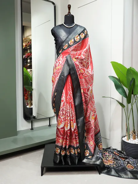 Red Dola Silk Saree With Print and Zari Weaving Border With Blouse
