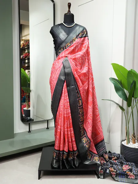Gajari Dola Silk Saree With Print and Zari Weaving Border With Blouse