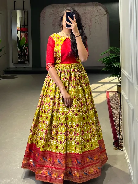 Mehendi Ready to Wear Gown in Dola Silk With Paithani and Patola Print