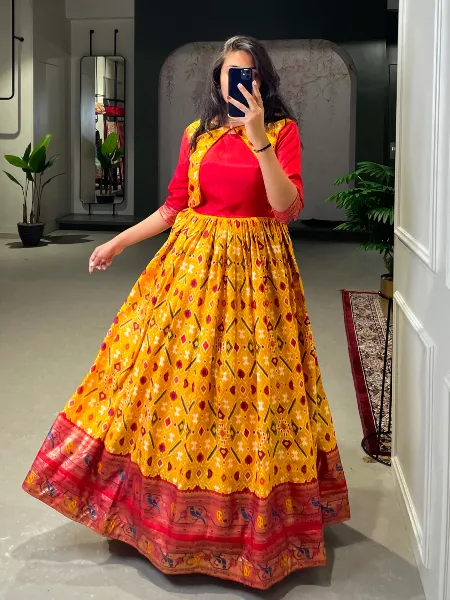 Mustard Ready to Wear Gown in Dola Silk With Paithani and Patola Print