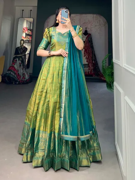 Parrot Kanjivaram Gown With Zari Weaving for South Indian Wedding Readymade Gown