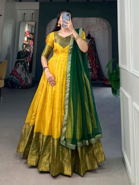 Yellow Kanjivaram Gown With Zari Weaving for South Indian Wedding Readymade Gown