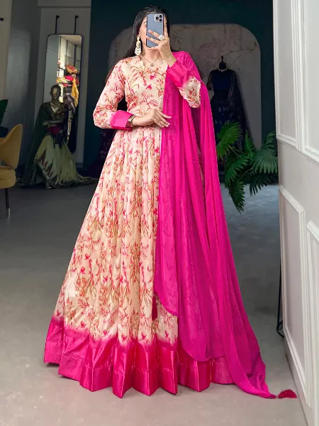 Pink Ready to Wear Tussar Silk Gown With Print and Foil Work With Dupatta