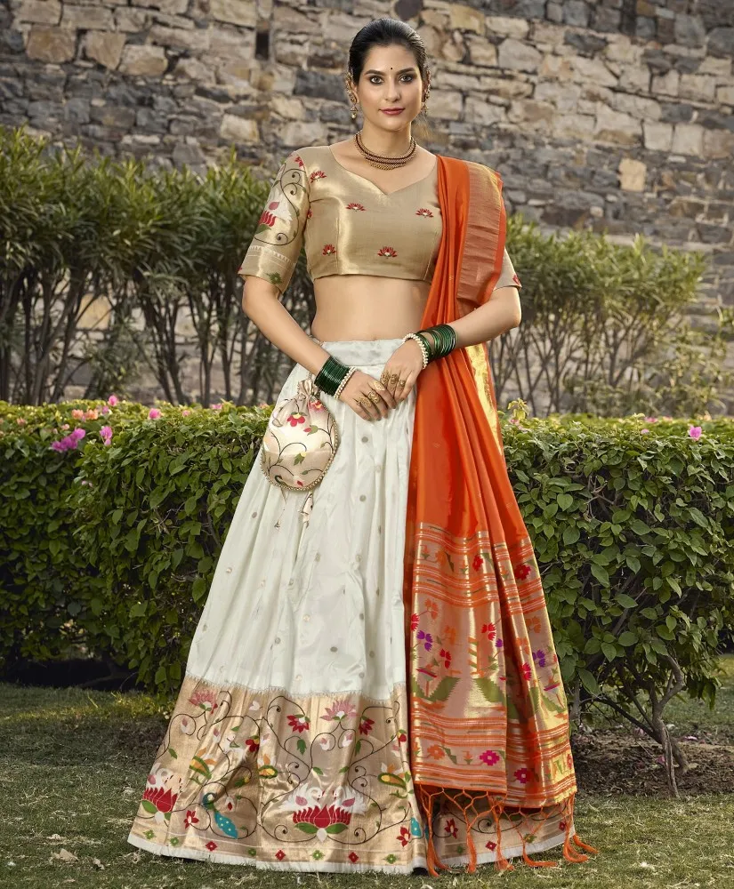 Half Saree Lehenga in White Paithani Jacquard With Weaving Thavani Pavadai  in USA, UK, Malaysia, South Africa, Dubai, Singapore