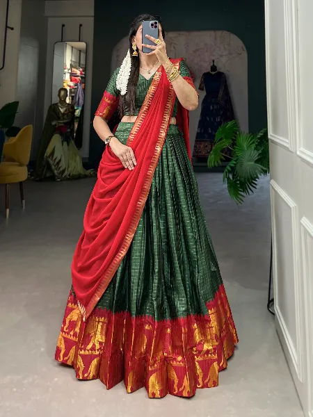 Green Half Saree Lehenga in Poly Cotton Zari Chex With Weaving Thavani Pavadai