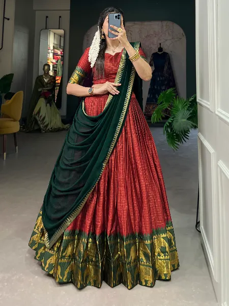 Red Half Saree Lehenga in Poly Cotton Zari Chex With Weaving Thavani Pavadai