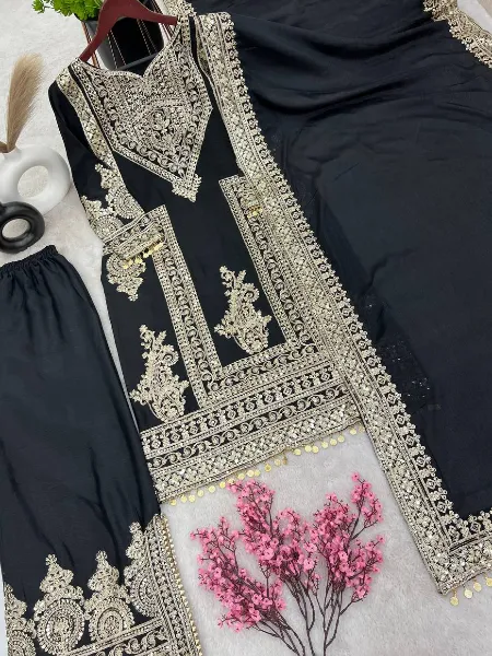 Black Color Designer Palazzo Suit in Chinon With Cording Embroidery Work
