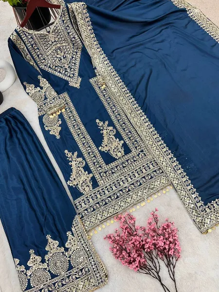 Blue Color Designer Palazzo Suit in Chinon With Cording Embroidery Work