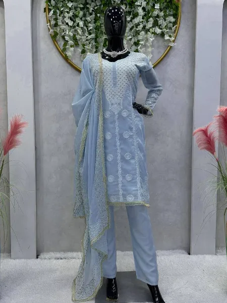 Sky Blue Tabby Organza Kurti Pant Set With Beautiful Embroidery and Dupatta