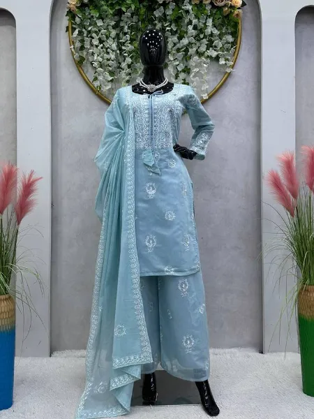 Sky Blue Chanderi Kurti Pant Set With Beautiful Embroidery and Dupatta