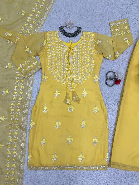Yellow Tabby Organza Kurti Pant Set With Beautiful Embroidery and Dupatta