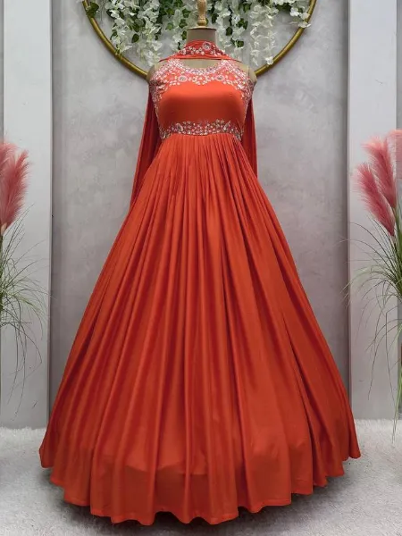 Red Anarkali With Dupatta in Maslin With Beautiful Neck Embroidery