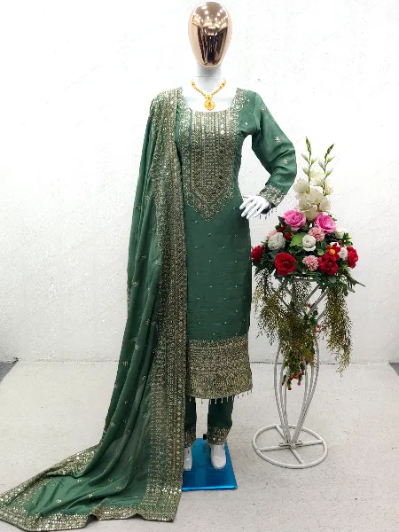 Pista Kurti Pant and Dupatta Set With Sequins Embroidery Work in Chinon