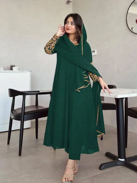 Green Anarkali Gown With Embroidery Work on Neck and Sleeves With Dupatta