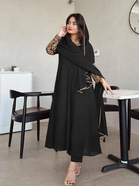 Black Anarkali Gown With Embroidery Work on Neck and Sleeves With Dupatta