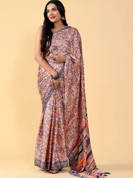 Multi Color Saree in Satin Silk With Floral Digital Print and Blouse