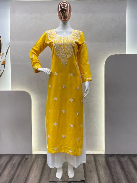 Yellow Color Rayon Salwar Suit With Cotton Thread Embroidery and Palazzo