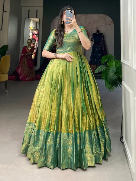 Kanjivaram Gown in Parrot Color With Zari Weaving Work Ready to Wear Gown