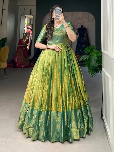 Kanjivaram Gown in Parrot Color With Zari Weaving Work Ready to Wear ...