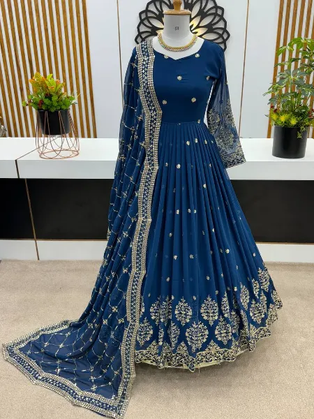 Blue Anarkali Gown With Heavy Embroidery Sequence Work in