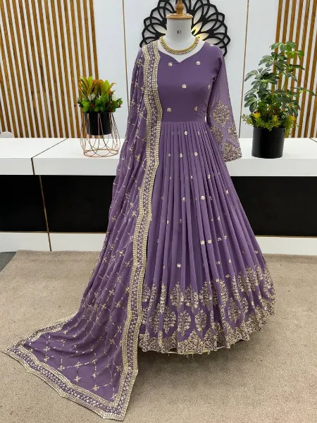 Lavender Anarkali Gown With Heavy Embroidery Sequence Work in Georgette
